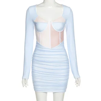 Missnight Bodycon Suknelė Kratinys Ilgomis Rankovėmis Suknelės Moterims Atsitiktinis Ruched Sexy Mini Suknelė Su V Kaklo Y2k Suknelė Streetwear 2021