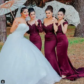 2019 Undinė Bridesmaid Dresses Vestuvėms Šalis, Chalatai Off Peties Long Sleeve Lace Appliques Plius Dydžio Kambarinės Garbės Suknelė
