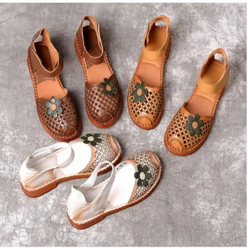 2019 Vasaros sandalai, batai moterims, butas kulnas natūralios Odos atsitiktinis sandalai ranka prisiūta baotou butas sandalai
