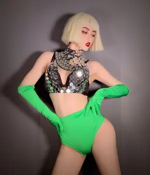 Seksualus etape kostiumas moterims, šalies mergina naktiniame klube rodo veidrodis liemenėlė viršų žalios pirštinės džiazo šokėja dėvėti