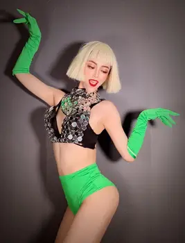 Seksualus etape kostiumas moterims, šalies mergina naktiniame klube rodo veidrodis liemenėlė viršų žalios pirštinės džiazo šokėja dėvėti