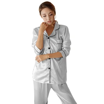 Moterų Sexy Šilko Satino Pižama Nustatyti Ilgomis Rankovėmis Sleepwear Pižama Kostiumas Moteriška Dviejų Dalių Sleepwear Naktiniai Drabužiai