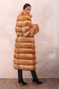 2019New Stiliaus Moteris Nekilnojamojo Red Fox Fur Coat Visą Pliaupti Stovėti Apykaklės, Ilgi Paltai Moterims Kailiniai Natūralaus Striukė Žiemos Mados, Prabangos FC-077