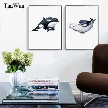 TAAWAA Akvarelė Ryklių, Delfinų Šiaurės Plakatai Sienos Menas Drobė Spausdina Žuvų Dekoratyvinių Paveikslų Tapyba Šiuolaikinių Namų Puošybai