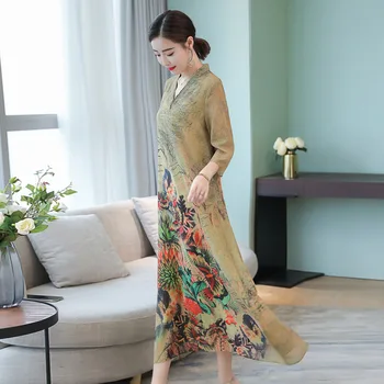 Nauja Rudens Povas Gėlių Spausdinti Atsitiktinis Palaidų Kinų Stiliaus V Kaklo, Ponia, Vestidos Didelis Dydis S-4XL Moterų Šilko Šifono Retro Suknelės