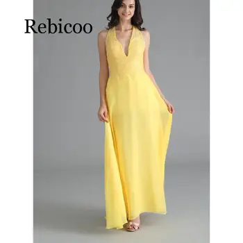 Rebicoo 2019 naujas V-kaklo, seksualus, be rankovių kabinti ant kaklo šifono nėrinių ilga suknelė