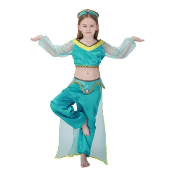 Merginos Aladdin ' s Žibinto Princesė Jasmine Cosplay Kostiumų Perukas Vaikams Helovinas Šalis Pilvo Šokių Suknelė Indijos Princesė Kostiumas