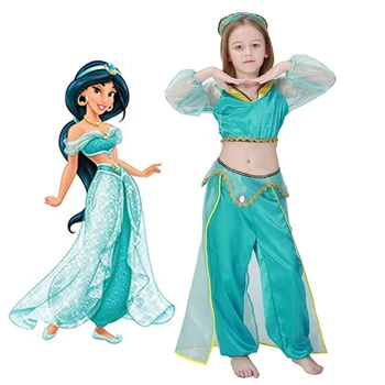Merginos Aladdin ' s Žibinto Princesė Jasmine Cosplay Kostiumų Perukas Vaikams Helovinas Šalis Pilvo Šokių Suknelė Indijos Princesė Kostiumas