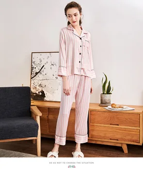 Pavasarį, Rudenį Pižama Nustatyti Moterų Dryžuotas 2VNT Sleepwear Rožinė Miego Rinkinys ilgomis Rankovėmis Marškinėliai&Kelnės Moteriškos Pižamos Tiktų Namų Drabužiai