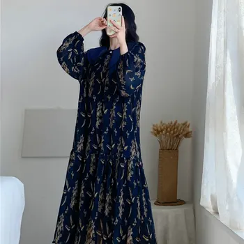 Korėjos Stiliaus Moteris, Vasaros Gėlių Prarasti Tiesiai Marškinėliai, Suknelės, Tamsiai Mėlynos Sluoksniuotos Peter Pan Apykaklės Balionas Rankovėmis Šifono Suknelė