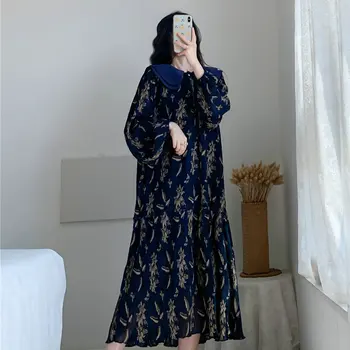 Korėjos Stiliaus Moteris, Vasaros Gėlių Prarasti Tiesiai Marškinėliai, Suknelės, Tamsiai Mėlynos Sluoksniuotos Peter Pan Apykaklės Balionas Rankovėmis Šifono Suknelė