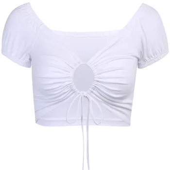 Seksualus Medvilnės Tuščiaviduriai Iš Pasėlių Viršuje Moterų 2020 M. Vasarą Ruched Nėrinių Trumpomis Rankovėmis V-Kaklo Laides Įrengtas Juoda Balta Trumpą T Shirts