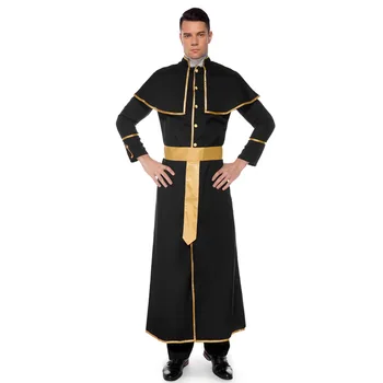 Suaugusiųjų vyrų helovinas kostiumas profesinių vaidmenų cosplay kunigas, romos kunigas juodas mantijas šalis suknelė