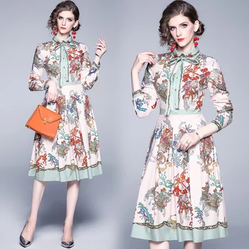 Banulin 2019 M. Rudenį Moterų Suknelė Kilimo Ir Tūpimo Tako Mados Dizaineris Ilgomis Rankovėmis Paprastas Lankas Gėlių Spausdinti Elegantiškas Naujas Ladys Suknelės
