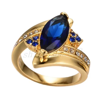 Prabanga Moterų Mėlyna Kristalų Akmens Papuošalai Geltonos Aukso Spalvos Plonas Vestuviniai Žiedai Moterims Žada Lapų Cirkonis Vestuvinis Žiedas