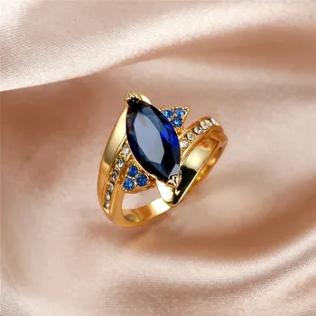 Prabanga Moterų Mėlyna Kristalų Akmens Papuošalai Geltonos Aukso Spalvos Plonas Vestuviniai Žiedai Moterims Žada Lapų Cirkonis Vestuvinis Žiedas