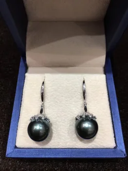 11-12MM gamtos tahitian black pearl drop auskarai 18K balto aukso su deimantu, baudos moterų papuošalai nemokamas pristatymas