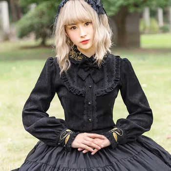 Rudenį, žiemą lolita palaidinė derliaus velvetas tirštėti išlaikyti šiltas kawaii marškinėliai, siuvinėjimas viktorijos marškinėliai gothic lolita top cosplay
