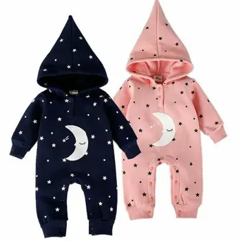 Bamblys Baby Girl Berniukas Mielas Star Mėnulis Gobtuvu Bodysuit ilgomis rankovėmis Romper bendrą aprangą Žiemą Šilta Apranga Drabužius 0-18M