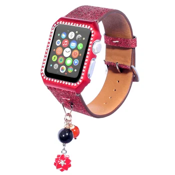 Pakeitimo Žiūrėti Diržu, Apple Watch Band Serijos 1/2/3 Blizgučiai Odos Watchbands Bling Diamond Metalinis gaubtas Atveju iWatch