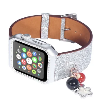 Pakeitimo Žiūrėti Diržu, Apple Watch Band Serijos 1/2/3 Blizgučiai Odos Watchbands Bling Diamond Metalinis gaubtas Atveju iWatch