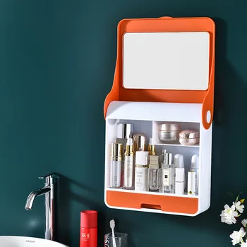 Kosmetikos Laikymo Dėžutė su Veidrodžiu Integruota Didelės talpos Saugojimo Dėžutė Sieniniai tualetinis staliukas Odos Priežiūros Produktas Stovo