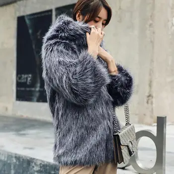 Žiemos moterų striukė dirbtiniais fox fur coat gobtuvu tirštėti šiltas ilgomis rankovėmis parkas moterų mados plonas dirbtinis kailis outwear L1524