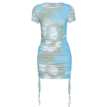 2020 Mados Spausdinimo Bodycon Mini Suknelė Moterims Mezgimo O Kaklo Pusėje Raišteliu Streetwear Atsitiktinis Slim Suknelės Panele