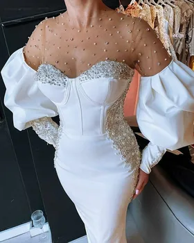 Elegantiškas Baltas O-kaklo Vakaro Suknelės ilgomis Rankovėmis Perlai Zawalcowany arabų Oficialią Suknelės 2021 Dubajus Ilgai Keltas Suknelės, Šaliai