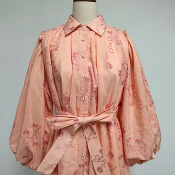 VGH Rožinė Kratinys Siuvinėjimo Suknelė Moterims Atvartas Žibintų Rankovėmis Aukštos Juosmens Nėrinių Bowknot Suknelės Moterų Mados Naujo Stiliaus