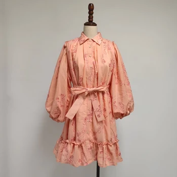 VGH Rožinė Kratinys Siuvinėjimo Suknelė Moterims Atvartas Žibintų Rankovėmis Aukštos Juosmens Nėrinių Bowknot Suknelės Moterų Mados Naujo Stiliaus