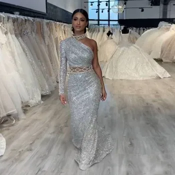 Elegantiškas Sparkle Sidabro Blizgučiais Ilgai Prom Dresses Vieną Petį Kristalų Tiesiai Prom Chalatai Mados Oficialią Suknelės 2021