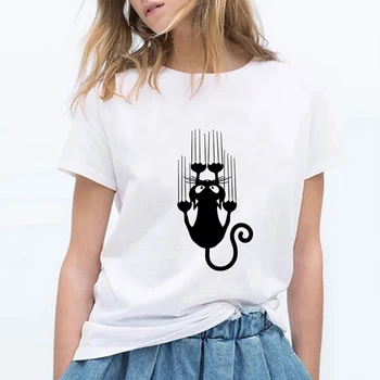 Moterų Marškinėlius Vasaros Top Neklaužada Juoda Katė, Print T-shirt korėjos Mados Atsitiktinis Moteriški Balti Marškinėliai, O-kaklo Plius Dydžio Marškinėlius