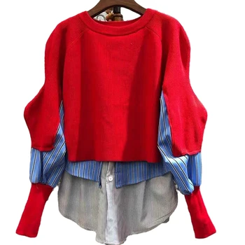 Plus Size korėjos Raudonas Dryžuotas Marškinėliai Pleistras Megztiniai Megztinis Moterų Mados 2020 M. Pavasarį, Rudenį Megztinis Puloveriai paauglių mergina LT372S50