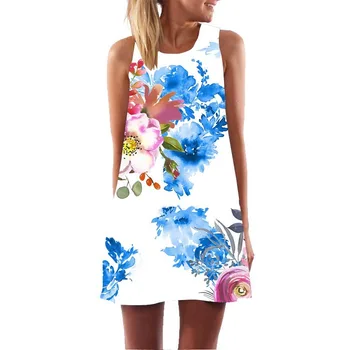 Moterų 3D Gėlių Spausdinti Berankovis Suknelė 2021 M. Vasarą Naujas Elegantiškas O-Kaklo Atsitiktinis-Line Bakas, Mini Vestidos Holiday Beach Sundress
