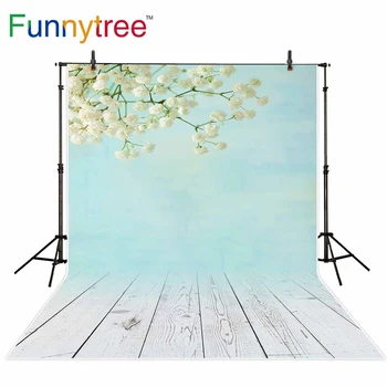 Funnytree fotografijos fonas pavasario balta gėlė akvarelė medinių grindų fone dekoro photocall fotografijos spausdinti