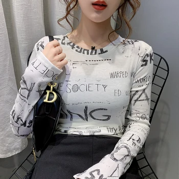 Rudenį, Žiemą Long Sleeve T-Shirt Moterims, Mados Raidžių Grafiti O-Neck T Marškinėliai Korėjos Stiliaus Plonas Viršūnes T093