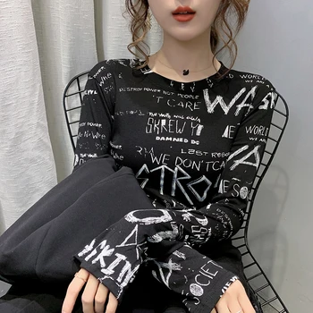 Rudenį, Žiemą Long Sleeve T-Shirt Moterims, Mados Raidžių Grafiti O-Neck T Marškinėliai Korėjos Stiliaus Plonas Viršūnes T093