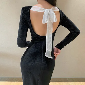 ZHYMIHRET Elegantiškas Moterų Suknelė Atvira nugara Aksomo Lankas Rudenį ilgomis Rankovėmis Derliaus Šalies Moterų Backless Seksuali Suknelė 2020 m.