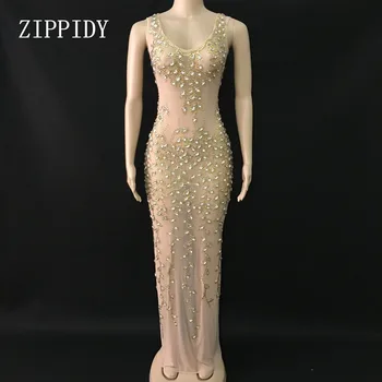 Spindintis Aukso Cirkonio Akučių Ilga Suknelė Moterų Šalies Šokių Ruožas Apranga Ilga Suknelė Gimtadienio Švęsti Matyti Per Suknelės