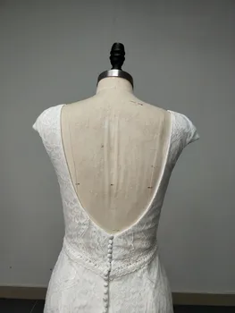 Tikrasis Vaizdas Undinė Vestuvių Suknelės V Kaklo Bžūp Rankovėmis Romantiška Nėriniais, Šifono Atvira Nugara Nuotakos Suknelė