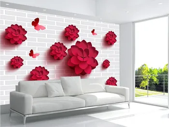 Custom 3d trimatis raudonos gėlės, plytų sienų modelis tapetai,gyvenamasis kambarys su sofa-lova, TV sienos miegamajame 3d sienų freskomis tapetai