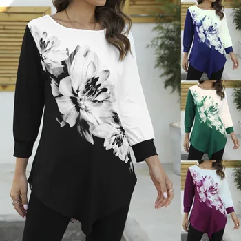 2020 m. Pavasarį ir Rudenį Naujų Populiarus Mados Temperamentas apvalios Apykaklės 3D Gėlių Spausdinti Slim Prarasti Hem moteriški marškinėliai Moterims