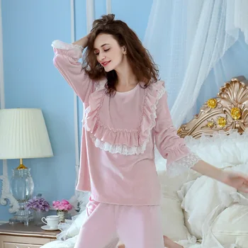 Retro stiliaus rūmai pižama moterims ilgomis rankovėmis nėrinių flanelė namų paslauga sustorėjimas kostiumas atsitiktinis seksualus chalatas pižamą pijamas