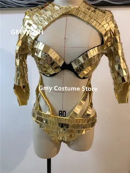 P62 Dainininkas scenoje šokio nešioja seksualus bodysuit aukso veidrodis komplektai moterų atlikti nešioja liemenėlę veidrodis kostiumas baras suknelė drabužių diskoteka, DJ,