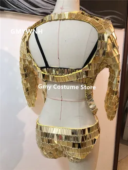 P62 Dainininkas scenoje šokio nešioja seksualus bodysuit aukso veidrodis komplektai moterų atlikti nešioja liemenėlę veidrodis kostiumas baras suknelė drabužių diskoteka, DJ,