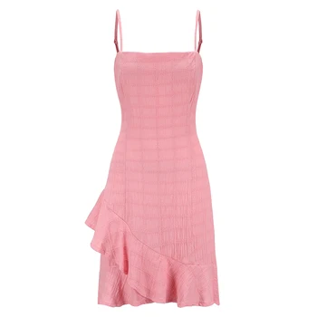 Naujas saldus, elegantiškas pink šalis suknelės mergina aikštėje apykaklės vasarą mini suknelė lady spageti dirželis apvalkalas, raukiniai suknelės 81856