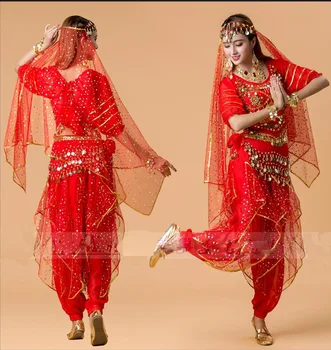4pcs Indija Egiptas Pilvo Šokio Kostiumai Bolivudas Kostiumai Dancewear Šifono Pilvo Šokių Aprangą Ponios Suaugusiųjų Šokių Kostiumai