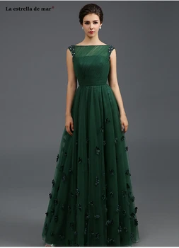 Vestido de madrinha de Casamento Longo naujas Tiulio valtis kaklo Bžūp rankovėmis granulių linija, tamsiai žalia bridesmaids suknelės elegantiškas