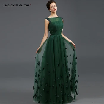 Vestido de madrinha de Casamento Longo naujas Tiulio valtis kaklo Bžūp rankovėmis granulių linija, tamsiai žalia bridesmaids suknelės elegantiškas